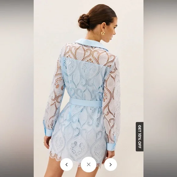 Commense Light Blue Lace Long Sleeve Dress 2 in 1 sheer lace mini dress Large - Picture 3 of 6